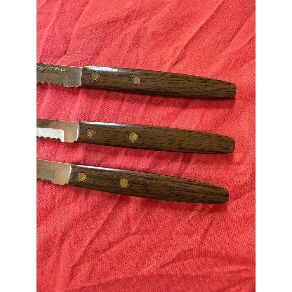 Vintage Forgecraft USA Steak Knives Set of 3 Serrated Black Bakelite 8-3/4